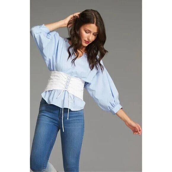 1.STATE blue pinstripe corset cinched long sleeve blouse top size Medium - Picture 1 of 7